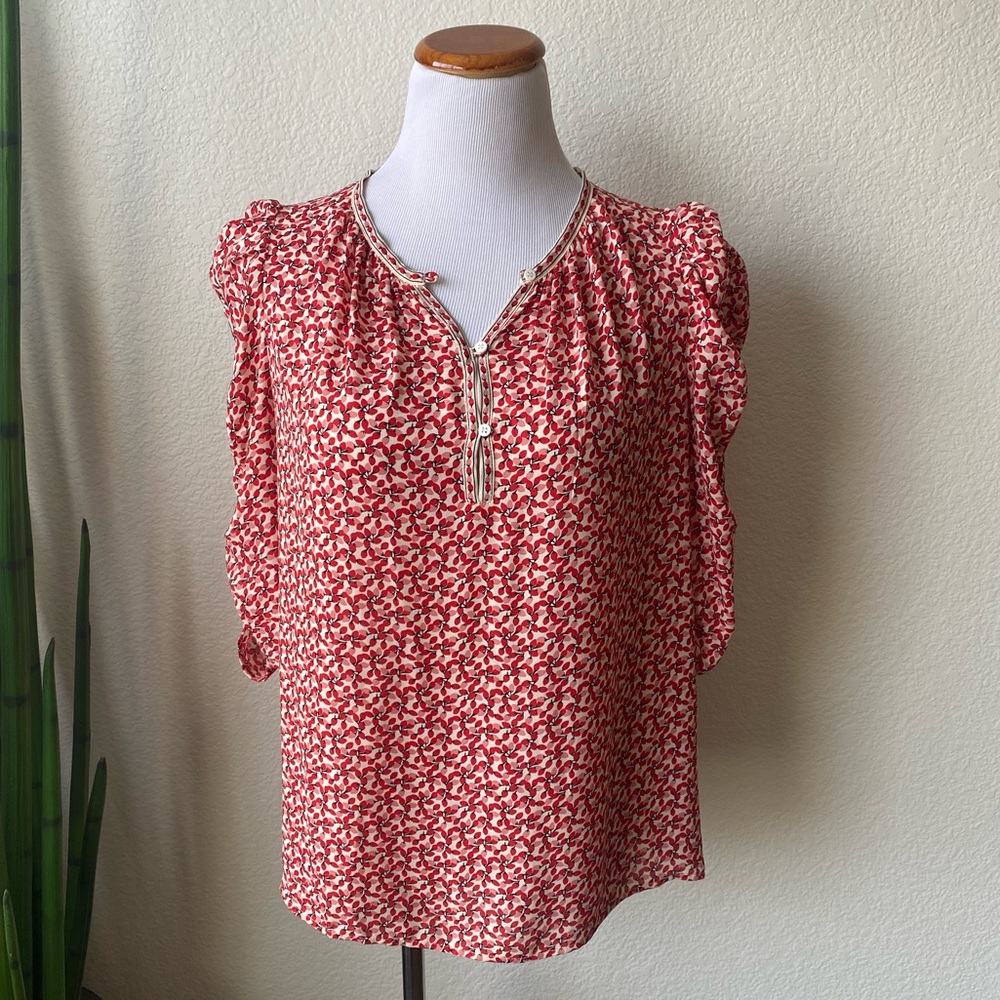 Max Studio Split-neck Blouse with Gathered Sleeve Detail